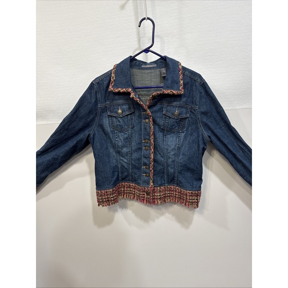Liz Claiborne Jacket Womens XL Boho Jean Jacket Hippie Colorful Accents Fringe - Picture 2 of 16